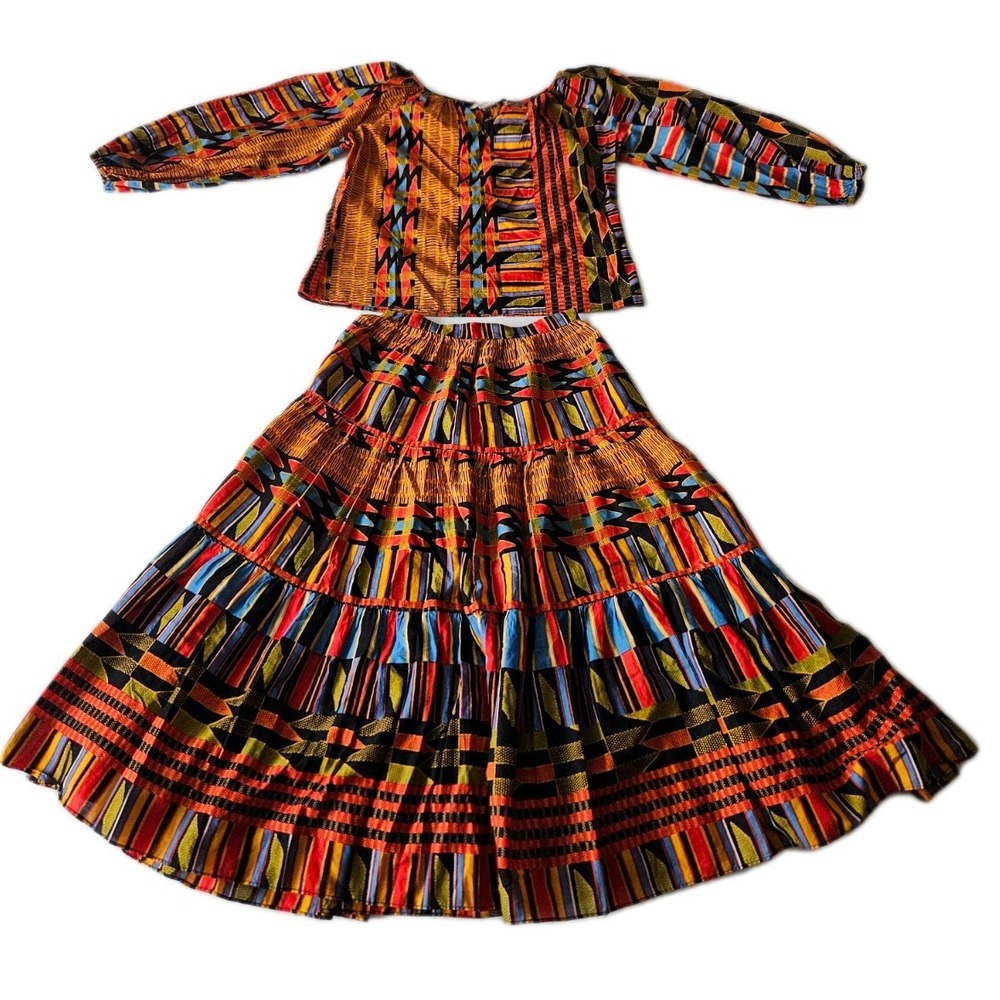 Vtg Helene Sidel Tribal Ethnic Native Artsy Colorful Print Blouson Skirt Set M